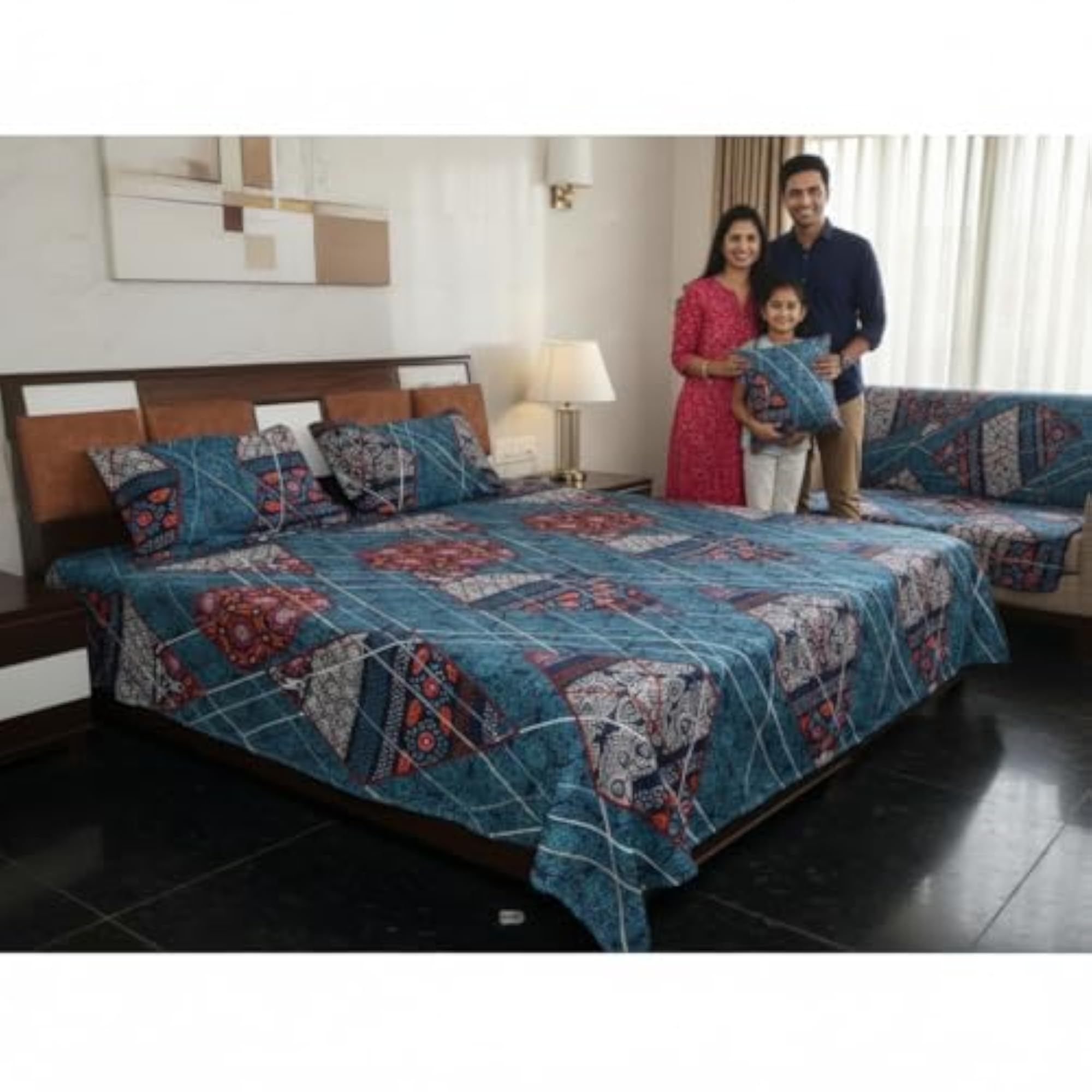 Quilted Bedspread Set with Pillow Covers, Teal Blue